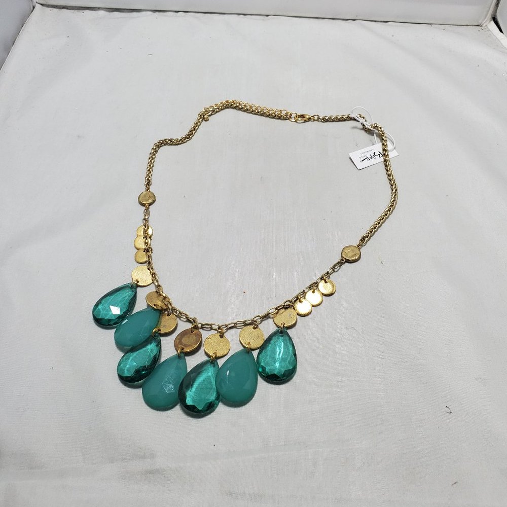 Bijou gold discs and a teal teardrop acrylic stone statement necklace,